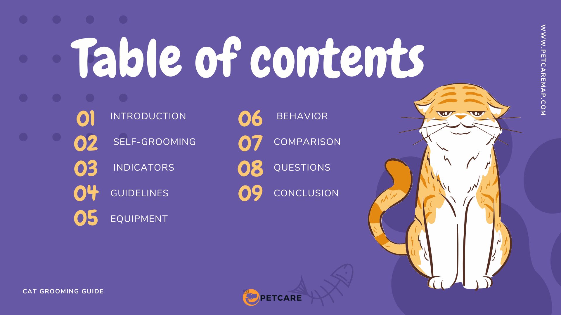 Table of Contents for Cat Grooming Guide featuring an illustrated orange cat on a purple background, covering self-grooming, tools, and grooming tips.